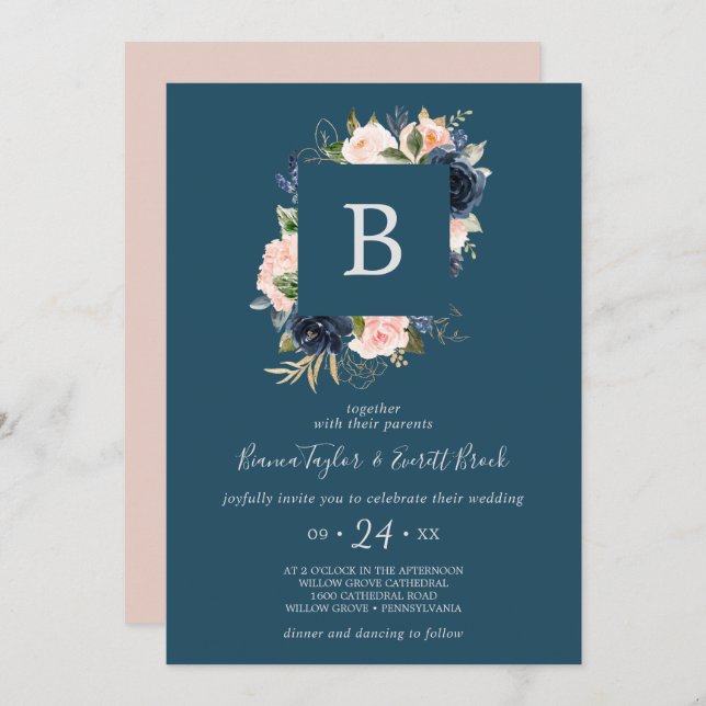 Blume der Marine | Blue Monogram Wedding Einladung (Vorne/Hinten)