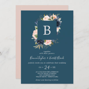 Blume der Marine   Blue Monogram Wedding Einladung