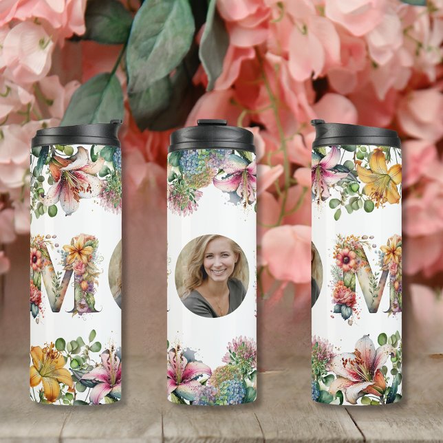 Blume der personalisierten MAMA MuttertagsFoto Thermosbecher (Personalised MOM flowers Mothers Day Photo Thermal Tumbler)