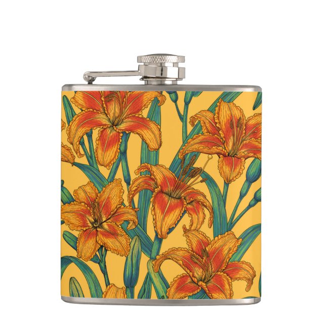 Blume der Taglilie, blau und gelb Flachmann (Vorderseite)