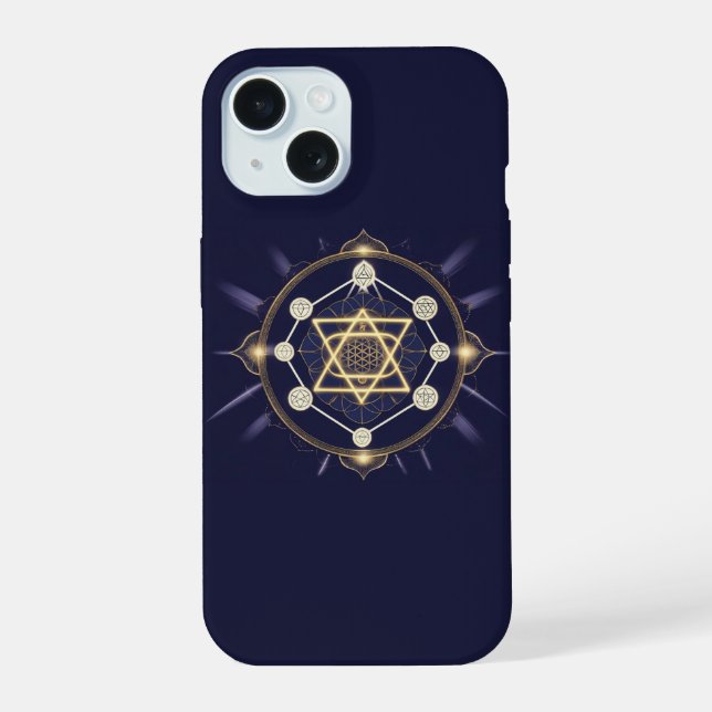 Blume der Unendlichkeit — Heilige Geometrie Himmel iPhone 15 Hülle (Rückseite)