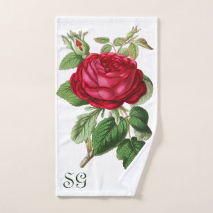 Blume der Vintagen Rote Rose auf der weißen Monogr Handtuch