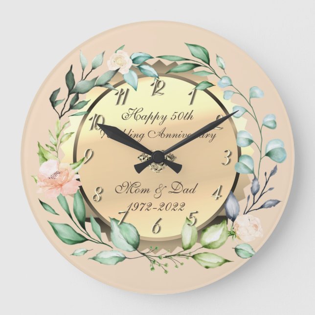 Blume der Wasserfarbe 50. Hochzeitstag Große Wanduhr (Vorderseite)