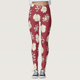Blume der weißen Nelken auf Gemustertem Rot Leggings
