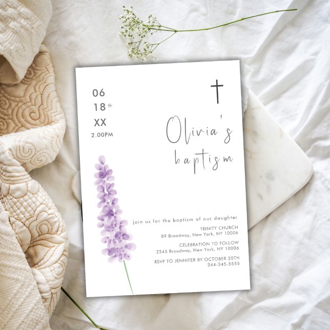 Blume des einfachen Aquarelllavenders Cross Baptis Einladung (Simple Watercolor Lavender Flower Cross Baptism Invitation)