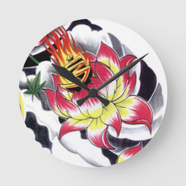 Blume des japanischen Tattoo Style Flaming Lotus Runde Wanduhr