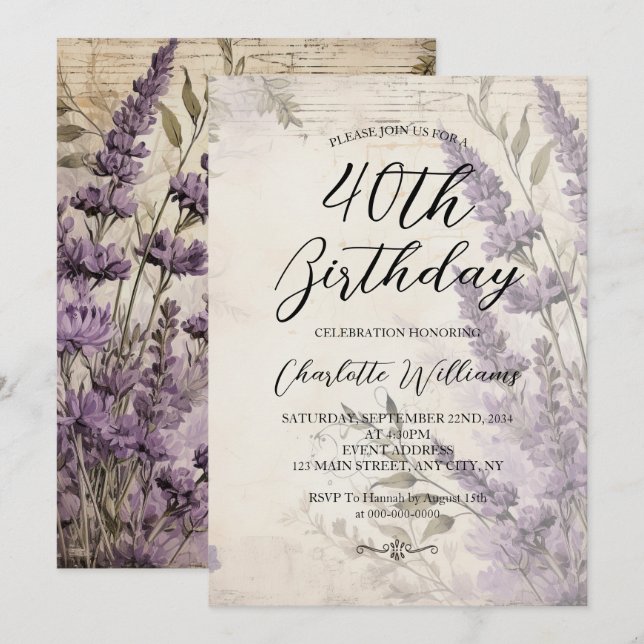 Blume des Lavendels Frauen 40. Geburtstag Einladung (Vorne/Hinten)