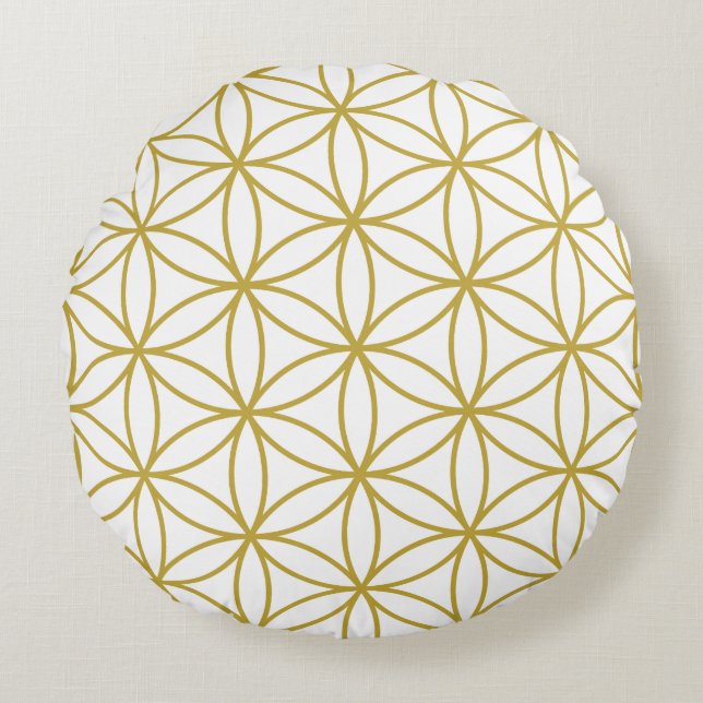 Blume des Lebens (2-Wege) Großer Ptn - Weiß & Gold Rundes Kissen (Vorderseite)