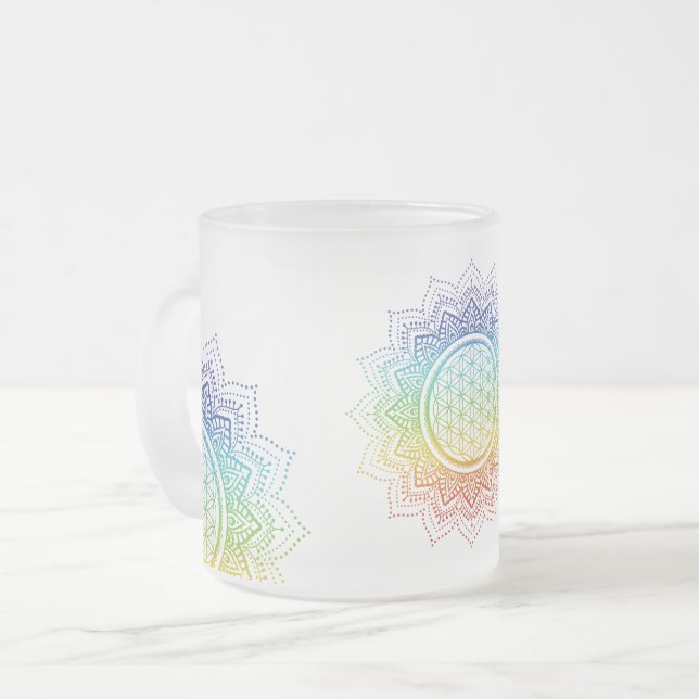 Blume des Lebens - 7 Chakras - Regenbogen Mattglastasse (Vorderseite Links)