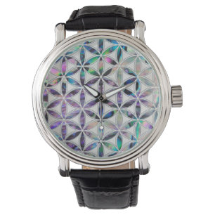 Blume des Lebens Abalone Muschel auf Perle Armbanduhr