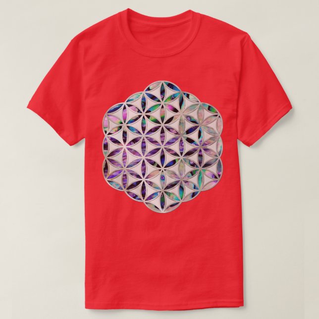 Blume des Lebens Abalone Muschel auf Perle T-Shirt (Design vorne)