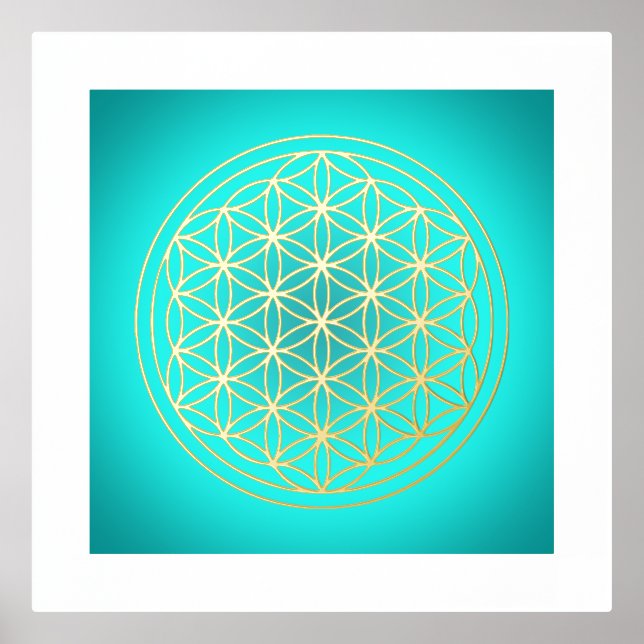 Blume des Lebens Aquamarin Mandala Symbol Gold Foliendrucke (Vorderseite)