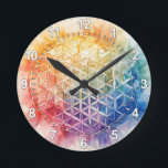 Blume des Lebens - Aquarellmalerei Runde Wanduhr<br><div class="desc">Kunstwerk von Brady Arnold</div>