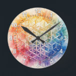 Blume des Lebens - Aquarellmalerei Runde Wanduhr<br><div class="desc">Kunstwerk von Brady Arnold</div>