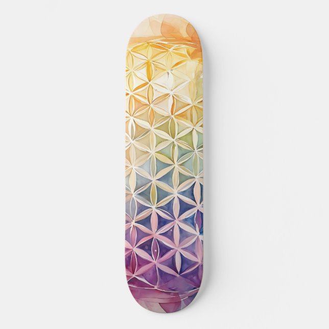 Blume des Lebens - Aquarellmalerei Skateboard (Vorderseite)