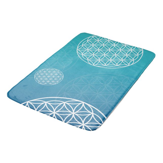 Blume des Lebens blau / türkis Badematte (Schrägansicht)