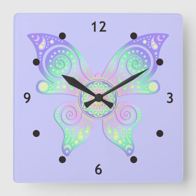 Blume des Lebens / Blume des Lebens - Schmetterlin Quadratische Wanduhr (Vorderseite)