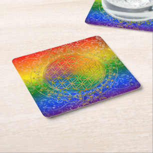 Blume des Lebens - GOLD Regenbogen Rechteckiger Pappuntersetzer
