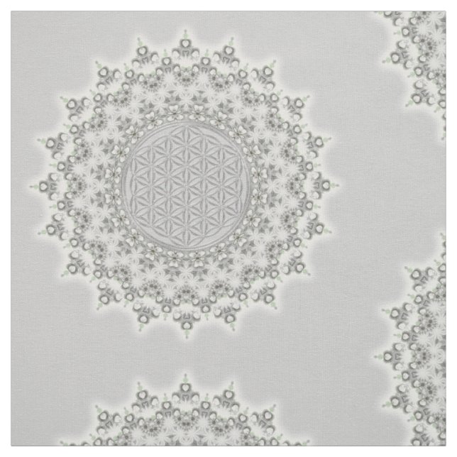 Blume des Lebens - graues Grün FraktalMandala Stoff (Muster)