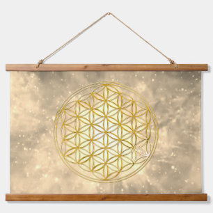 BLUME DES LEBENS - Heilige Geometrie Goldener Stil Wandteppich Mit Holzrahmen