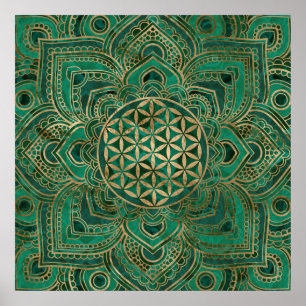 Blume des Lebens im Lotos - Malachit und Gold Poster