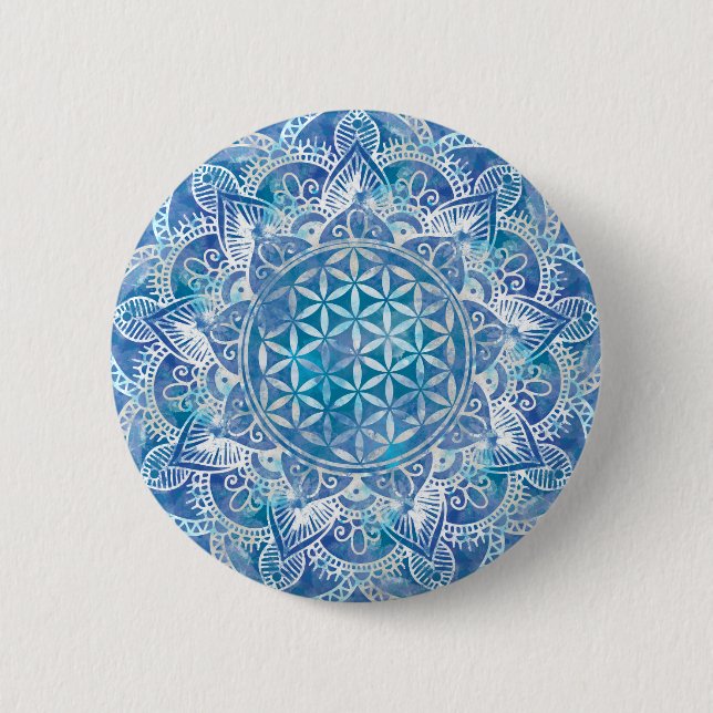 Blume des Lebens in Lotus - Aquarellblau Button (Vorderseite)