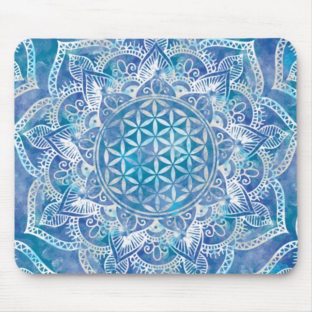 Blume des Lebens in Lotus - Aquarellblau Mousepad (Vorne)