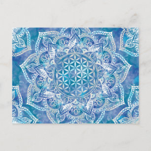 Blume des Lebens in Lotus - Aquarellblau Postkarte