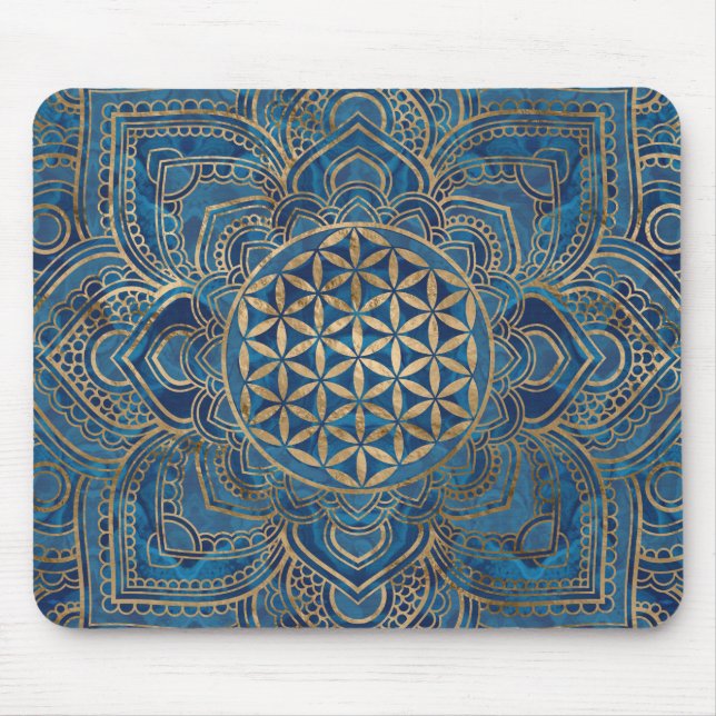 Blume des Lebens in Lotus - Blauer Marmor und Gold Mousepad (Vorne)
