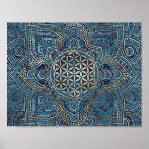 Blume des Lebens in Lotus - Blauer Marmor und Gold Poster