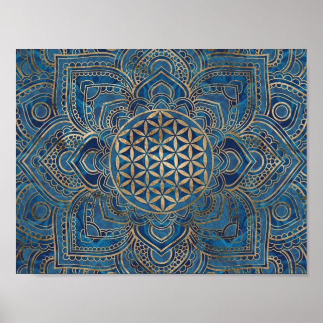 Blume des Lebens in Lotus - Blauer Marmor und Gold Poster (Vorne)