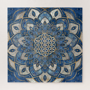 Blume des Lebens in Lotus - Blauer Marmor und Perl Puzzle