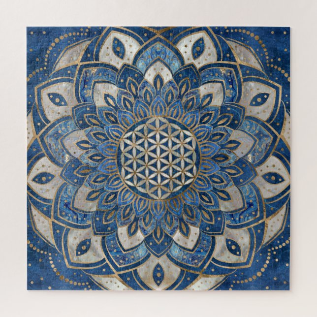 Blume des Lebens in Lotus - Blauer Marmor und Perl Puzzle (Vertikal)
