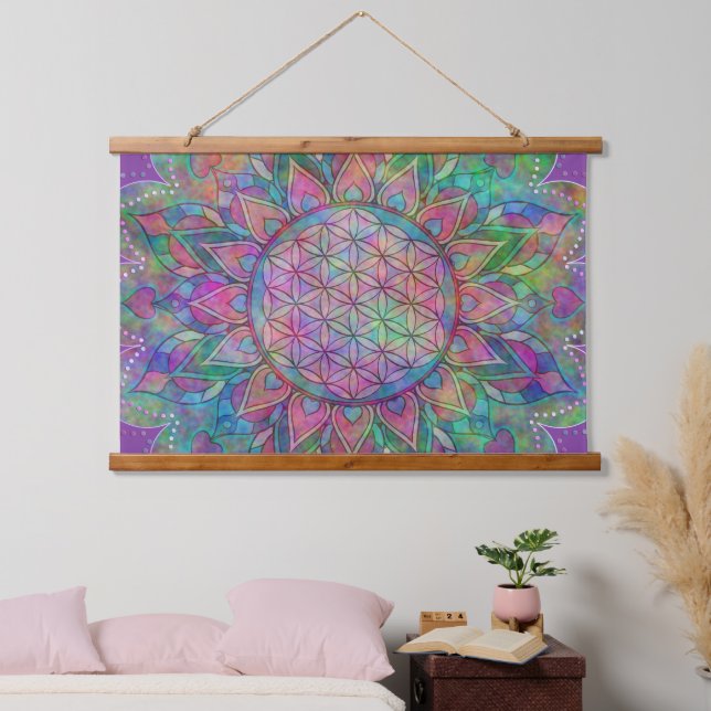 Blume des Lebens - Indischer Mandala 7c Wandteppich Mit Holzrahmen (Schlafzimmer)