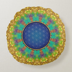 Blume des Lebens Lebendige Farben Gold Marineblau Rundes Kissen