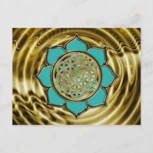Blume des Lebens Lotus - türkis / goldene Wellen Postkarte