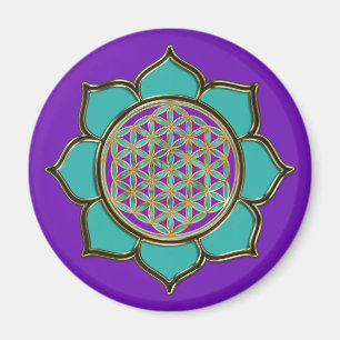 Blume des Lebens Lotus - türkis / lila Magnet
