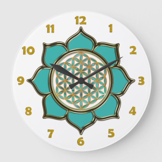 BLUME DES LEBENS - Lotus + Zahl der Uhrzeiten Große Wanduhr (Vorderseite)