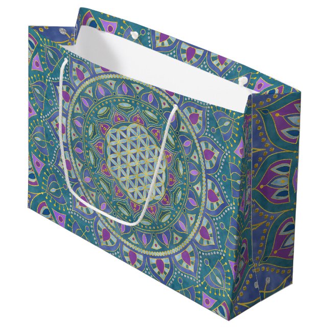 Blume des Lebens - Mandala Indien Stil 1 Große Geschenktüte (Vorderseite Schrägansicht)