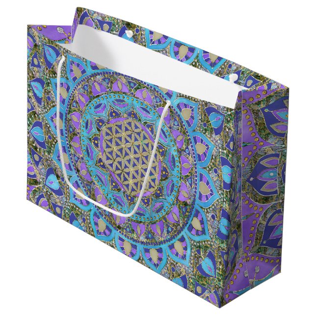 Blume des Lebens - Mandala Indien Stil 2 Große Geschenktüte (Vorderseite Schrägansicht)