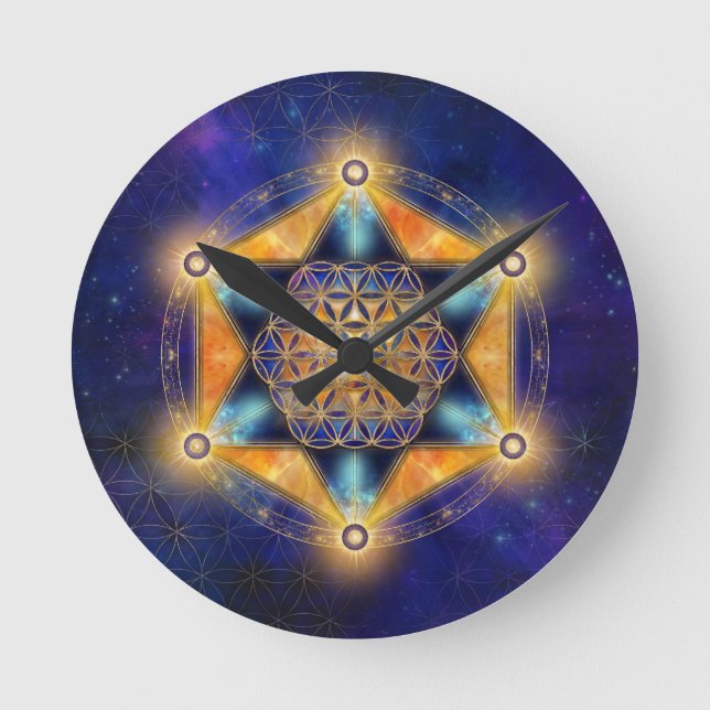 Blume des Lebens Merkaba Stern - Heilige Geometrie Runde Wanduhr (Vorderseite)