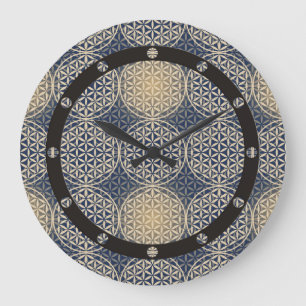 Blume des Lebens - Muster der Briefmarke - blauer  Große Wanduhr
