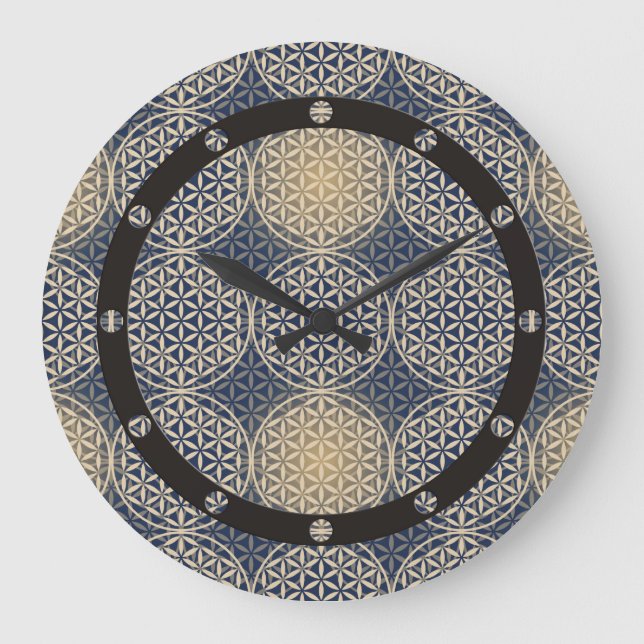 Blume des Lebens - Muster der Briefmarke - blauer  Große Wanduhr (Vorderseite)