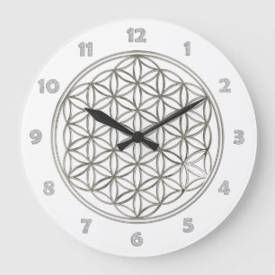 BLUME DES LEBENS - Silber + Ziffernblattzahlen Große Wanduhr