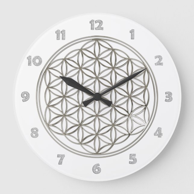 BLUME DES LEBENS - Silber + Ziffernblattzahlen Große Wanduhr (Vorderseite)