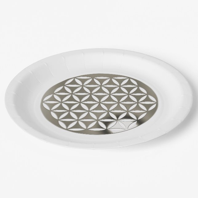 Blume des Lebens - Silbergelocht Pappteller (Schrägansicht)