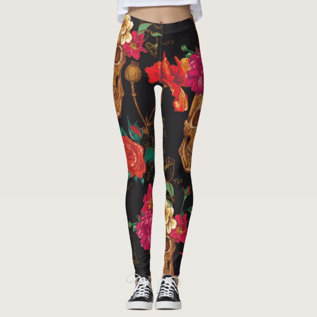 Blume des Schädels: Nahtloser dunkler Hintergrund. Leggings (Vorderseite)