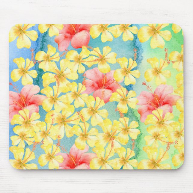 Blume des tropischen Aqua Green Yellow Pink Hibisk Mousepad (Vorne)