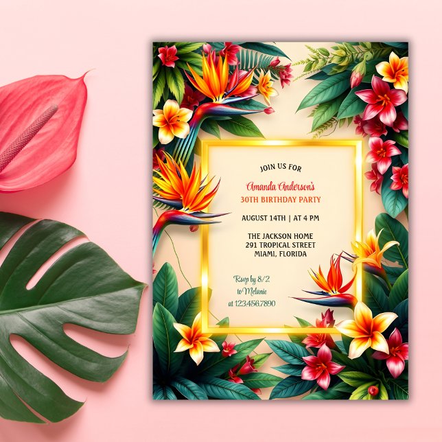 Blume des tropischen hawaiianischen Hibiskus Gebur Einladung (Tropical Hawaiian Birthday Party Invitation with Hibiscus Flowers and Palm Leaves)