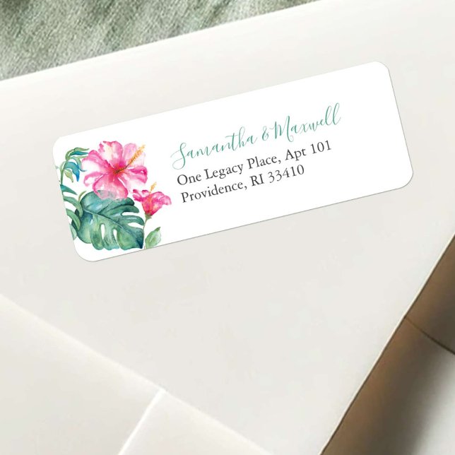 Blume des tropischen Hibiskus (Return address labels pink Hawaiian flower palm leaf art by Victoria Grigaliunas)